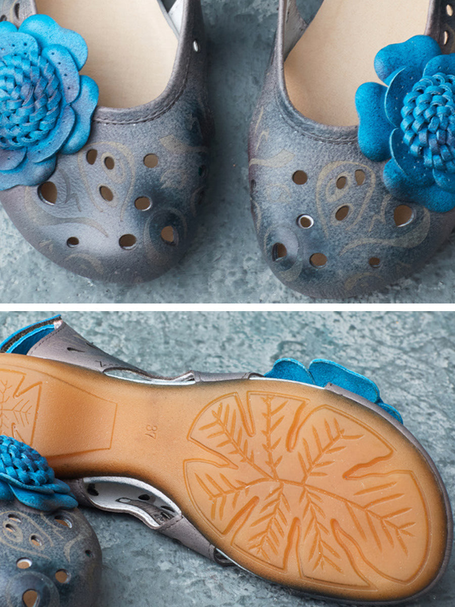Sandales d'été à fleurs en cuir de style artistique