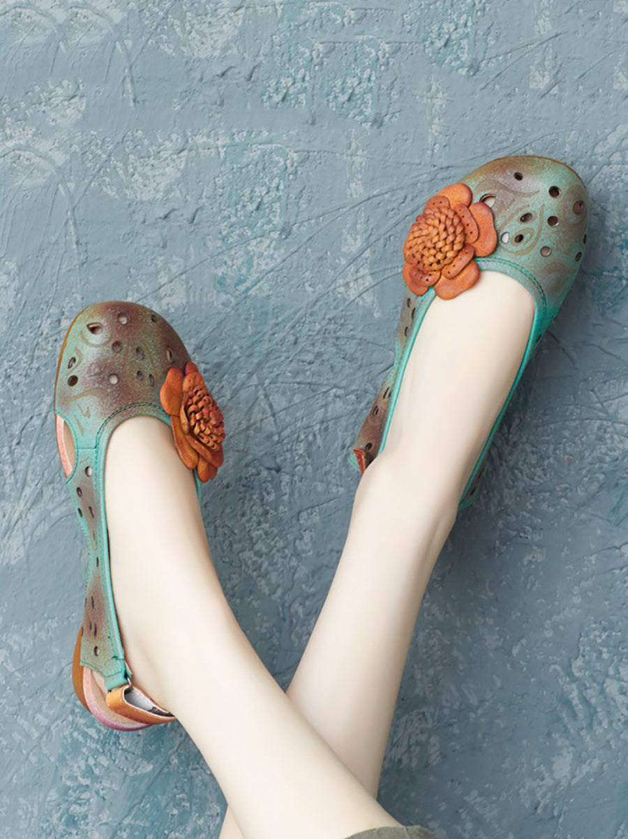 Sandales d'été à fleurs en cuir de style artistique