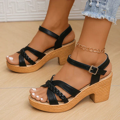 Chaussures à plateforme avec sangle de cheville pour dames Sandales à talons hauts et décontractées
