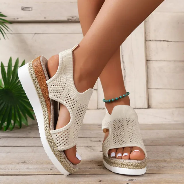 Sandales à semelles compensées en tricot pour femmes