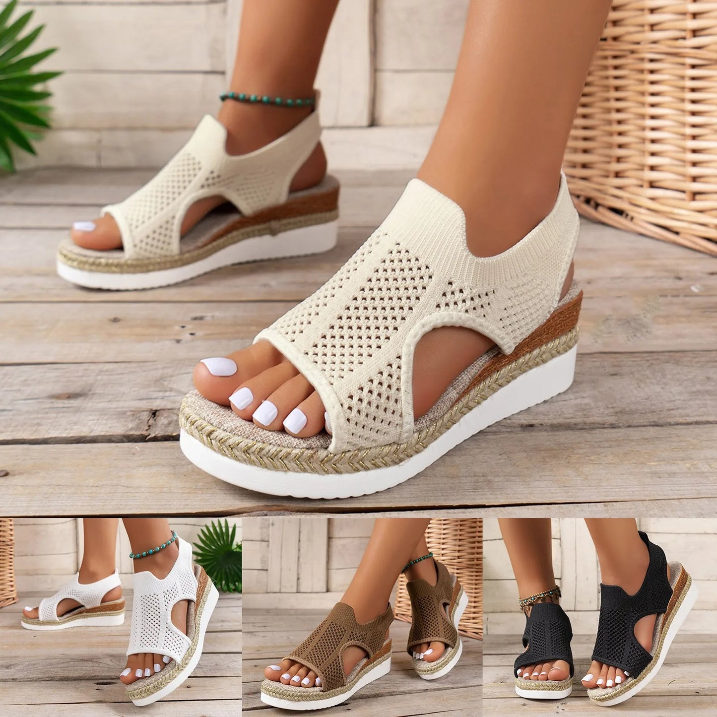 Sandales à semelles compensées en tricot pour femmes