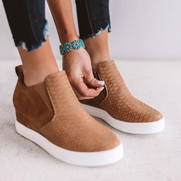 Chaussures rondes et creuses à semelles compensées avec fermeture à glissière pour femmes