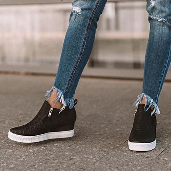Chaussures rondes et creuses à semelles compensées avec fermeture à glissière pour femmes